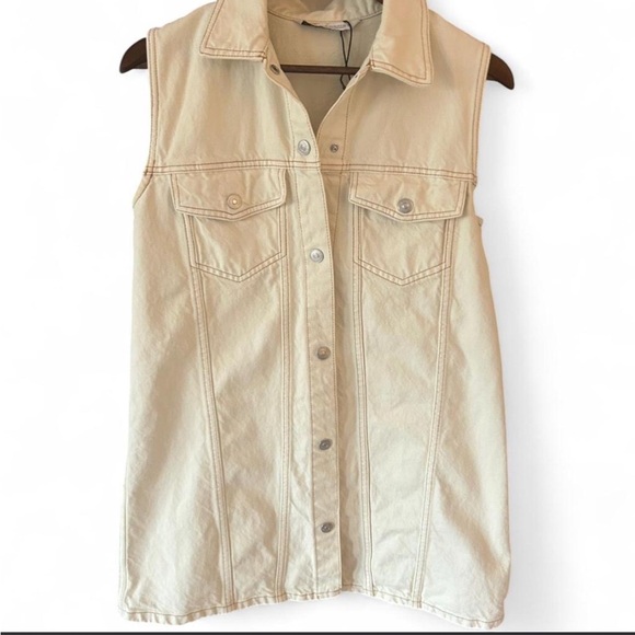 Zara Cream Denim Vest Button Down Dress | Medium - Picture 2 of 8